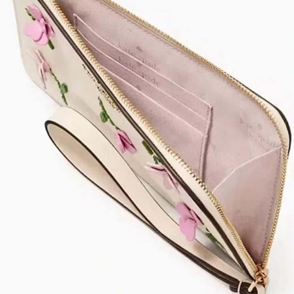 Kate Spade Cream Wristlet with Pink Floral Appliques - Picture 3 of 5